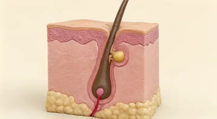 표피·진피·피하지방 세 층을 세로로 자른 모낭 3D 단면에 카메라가 천천히 다가가며 확대되는 움직이는 그림, 가운데 모낭과 위쪽 옆 피지샘, 맨 아래 모구 속 분홍 모유두가 보임