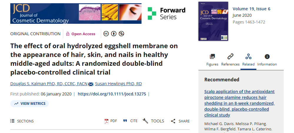 Journal of Cosmetic Dermatology 2020 난각막 시험 논문 첫 페이지
